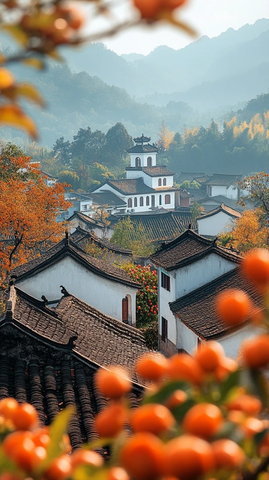 乡村秋景中的传统建筑与丰硕果实