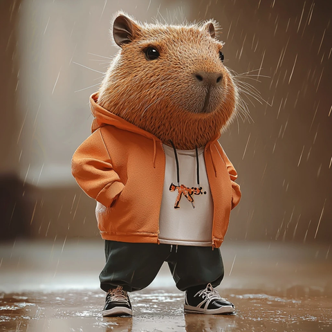 雨中站立的可爱水豚