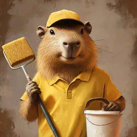 微笑駝背手握油漆滾筒