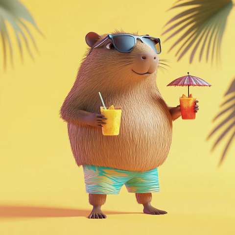 自信的卡皮巴拉享受夏日饮品