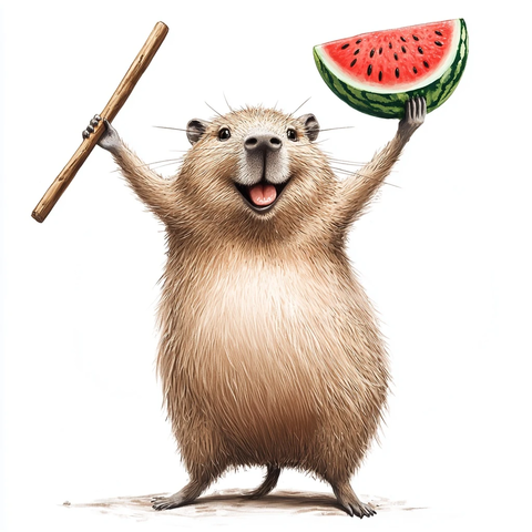 圆胖水豚持木棍西瓜站立