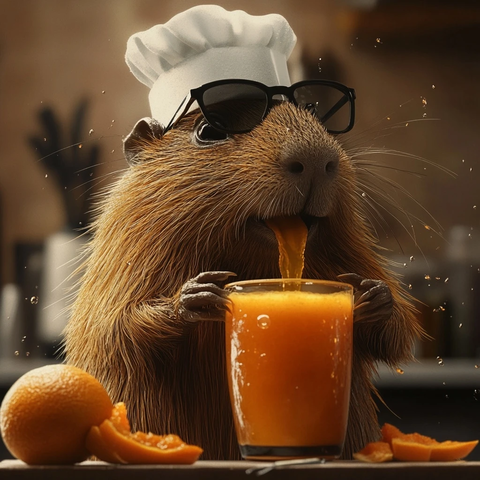 穿围裙的刺鼠妈妈榨橙汁