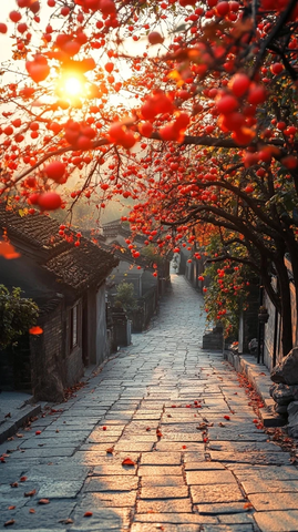 石板路小巷被柿子树和阳光装点的美景