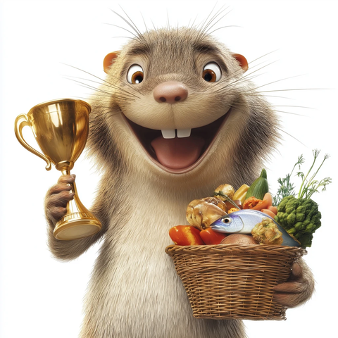 快乐水獭手持奖杯和食物篮