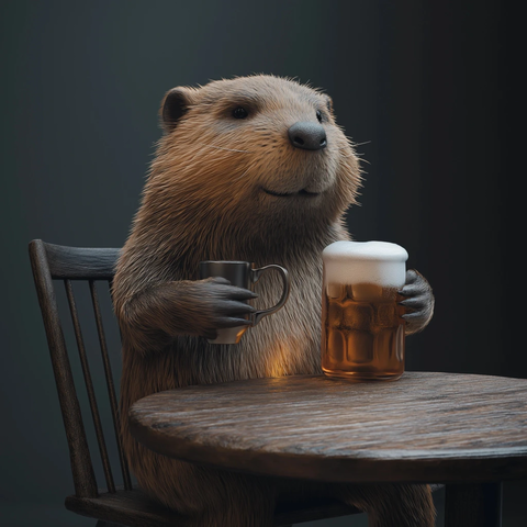 小海狸坐椅子拿啤酒杯