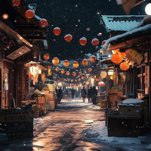 飘雪古街夜景行人漫步灯笼映照氛围浓