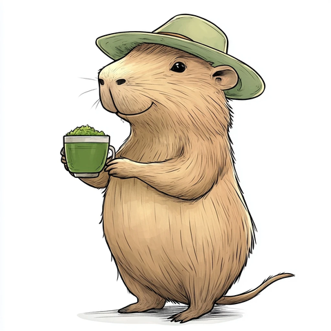 可爱水豚举杯抹茶戴帽