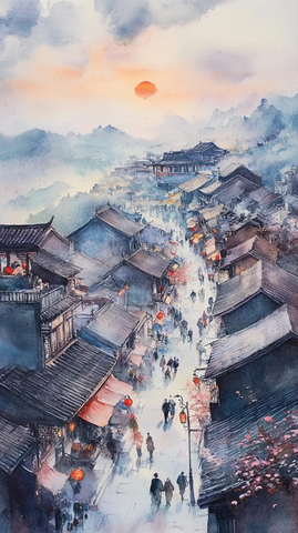 古街暮色中热闹景象的水彩风格绘画
