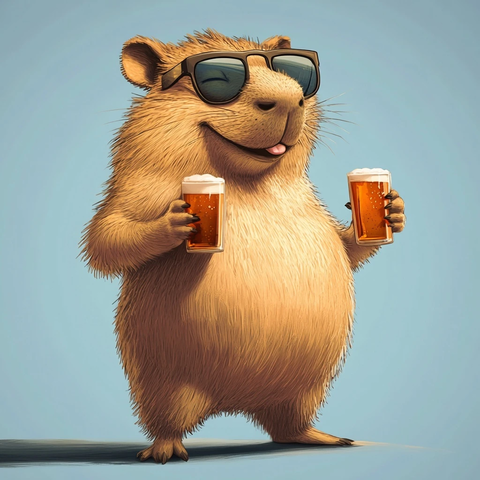 微笑水豚戴墨镜拿啤酒