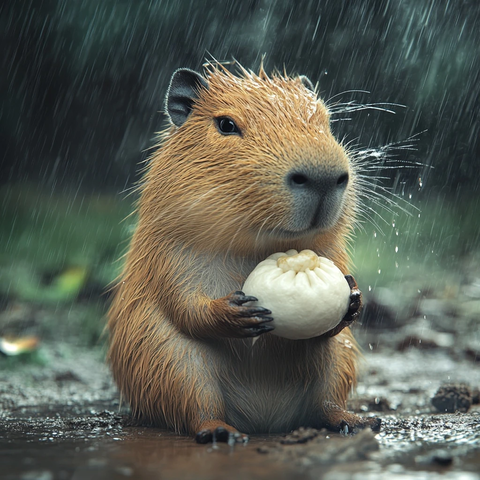 宝宝水豚雨中抱馒头
