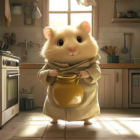 仓鼠穿人衣持蜂蜜罐过厨房