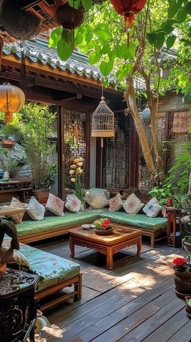 中式庭院休闲区古朴典雅的休憩空间