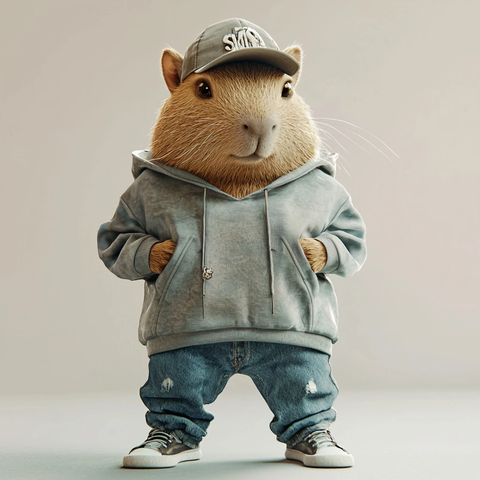 站立的可爱水豚穿宽大帽衫