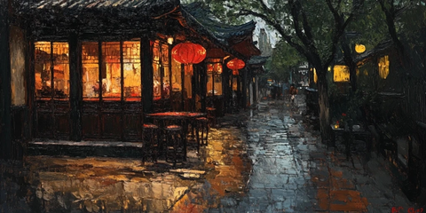 雨夜中式古街灯笼映照下的静谧街道
