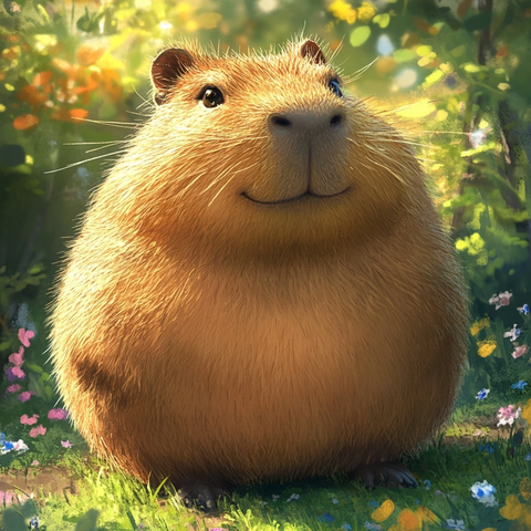 圆润可爱水豚置身缤纷环境