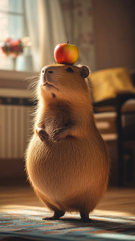 大肚皮水豚头顶苹果在家中