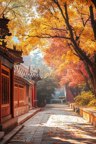 古建旁小径秋景满地黄叶尽显诗意氛围