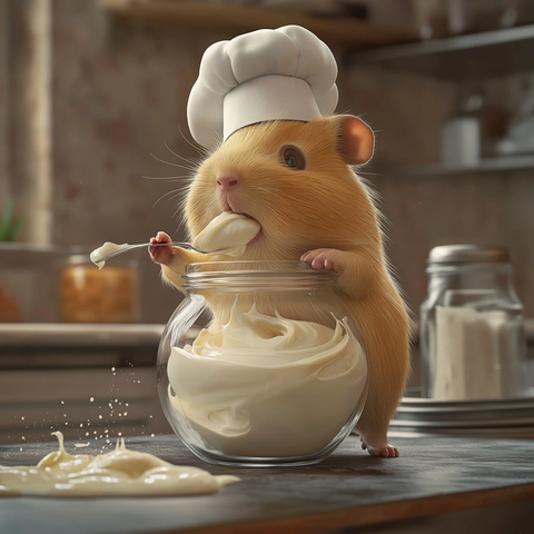 小豚鼠戴厨师帽搅拌蛋黄酱