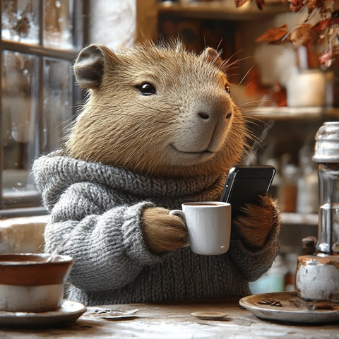 穿灰色毛衣的制作咖啡