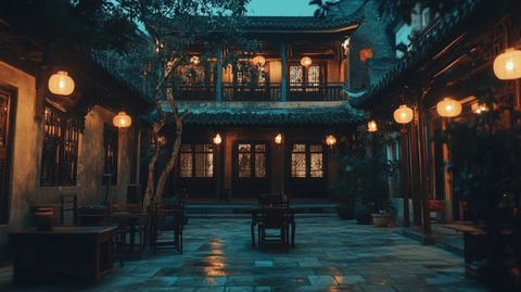 中式庭院夜景灯笼高挂尽显古雅韵味