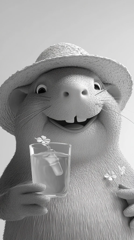 大眼水豚微笑戴帽喝水