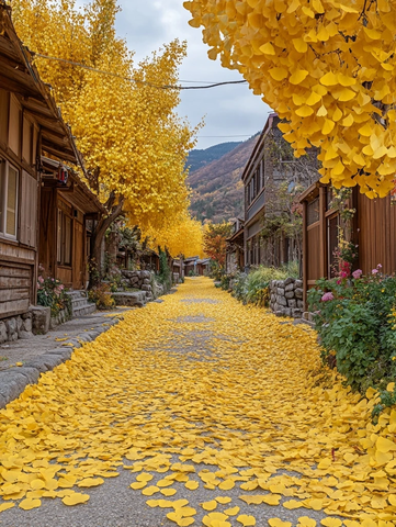 银杏叶铺满的乡村小路美景
