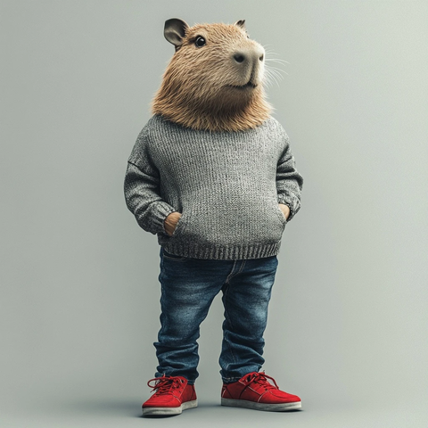 站立的穿毛衣牛仔裤的河狸