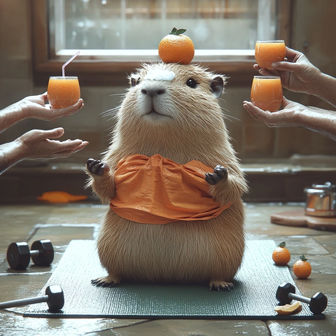 瑜伽垫上微笑的带橙子帽的食蚁兽