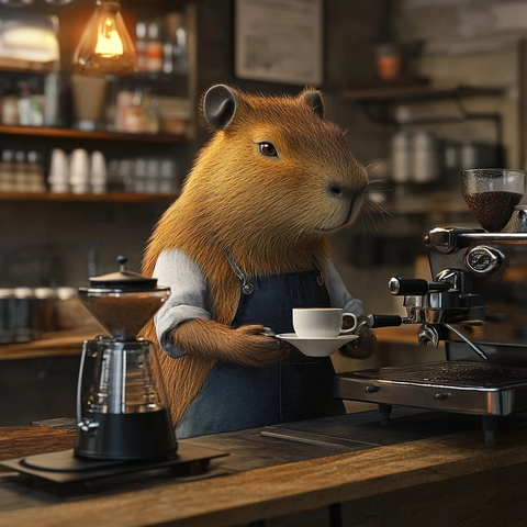 咖啡师帽水豚制作卡布奇诺