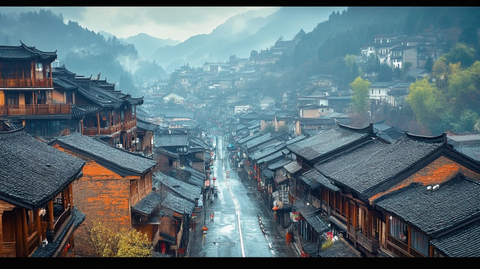 古色古香的传统村落街景全貌