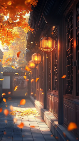 古建筑旁飘落秋叶的唯美场景