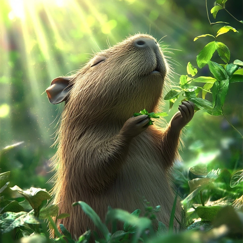 跳舞的可爱水豚吃绿叶植物