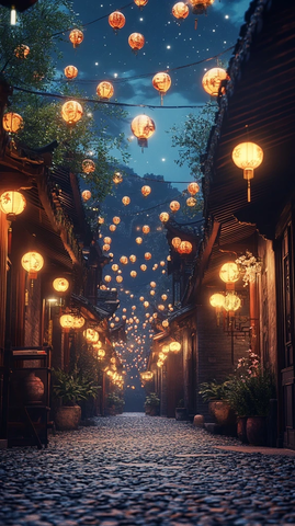 古巷夜景灯笼高挂尽显传统风情