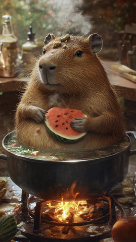 水煮中的半躺卡皮巴拉食西瓜