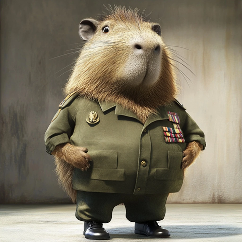 穿军装的卡皮巴拉搞笑卡通