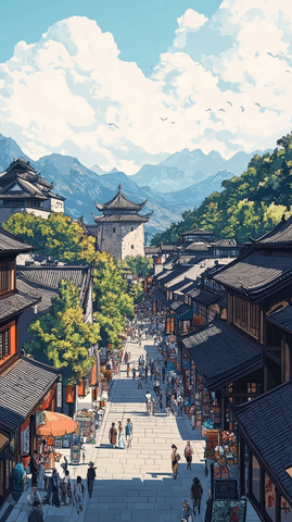 古街中的热闹景象及远处的古建筑