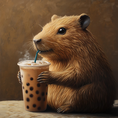 水豚坐饮奶茶侧视图