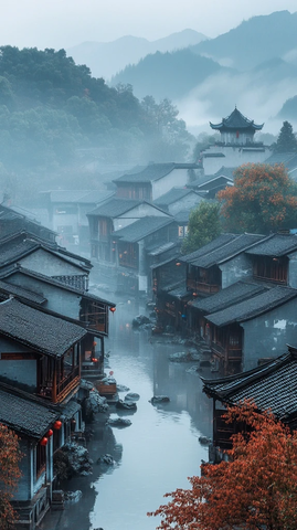 水乡古镇雾气缭绕的诗意景象
