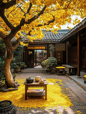 中式庭院内景与盛开黄花的树