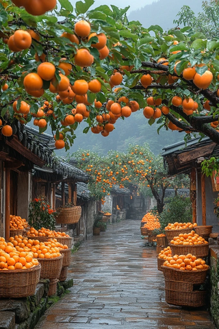 小巷两侧摆满柿子挂满枝头景象美