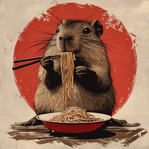 水豚吃面条复古插画