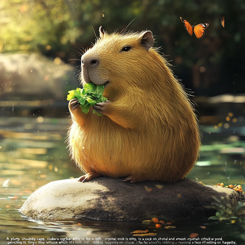 圆润水豚坐石吃生菜