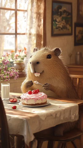 坐在餐桌旁享受蛋糕的卡皮巴拉