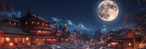 古村夜景大月亮灯火通明建筑美轮美奂