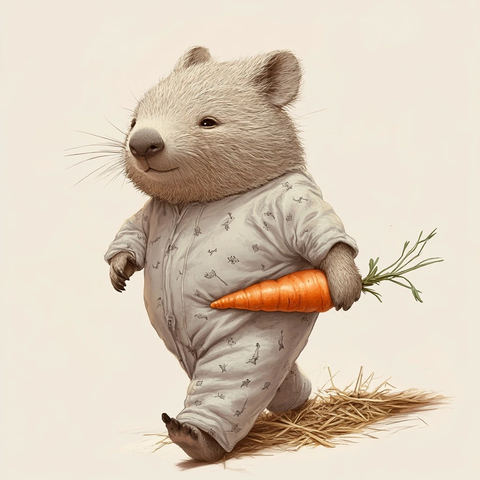 袋熊拖着胡萝卜走向干草床