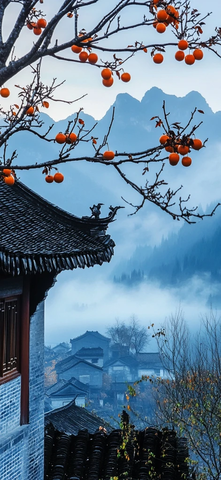 古建旁柿子树挂果的山间村落景象