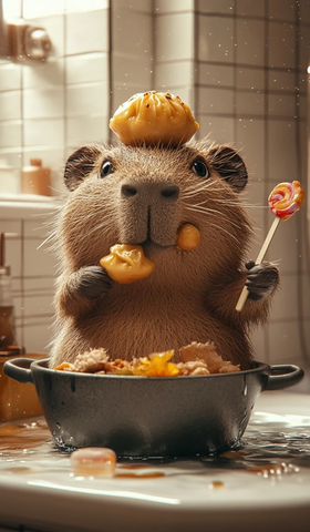 水豚吃食抱棒棒糖戴大汤圆