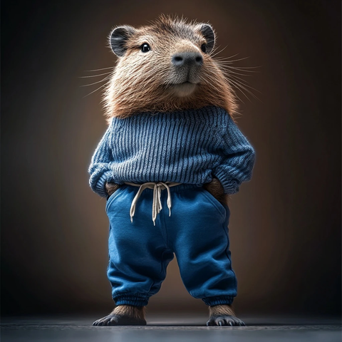 穿毛衣蓝裤子的站立水豚