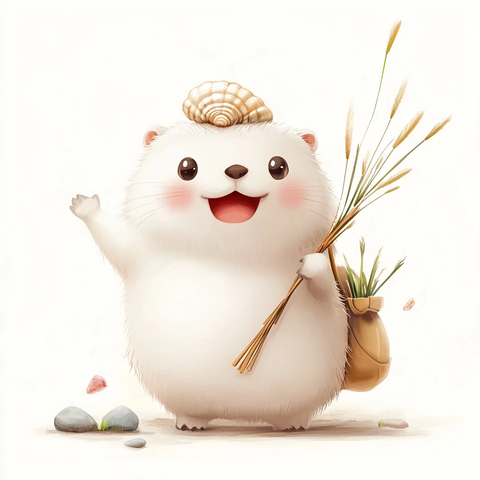 小白貂搂着螺壳吐舌头拿石头袋