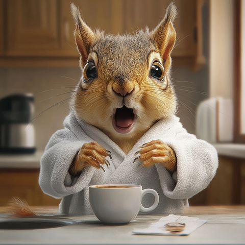松鼠穿白袍面对咖啡杯